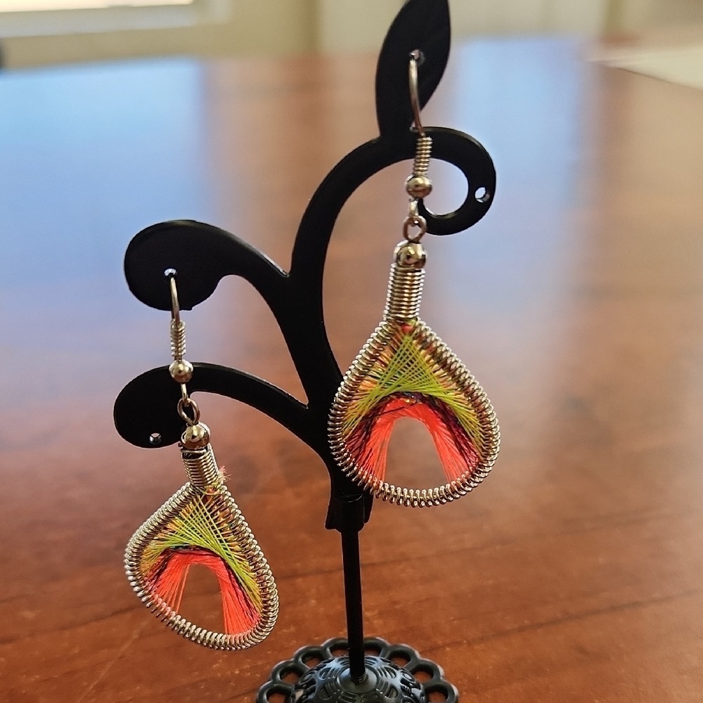 Handmade Wire-Wrapped Teardrop Earrings in Orange & Lime - Picture 1 of 1